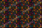 Colorful floral pattern with a dark background in a vibrant folk art style.