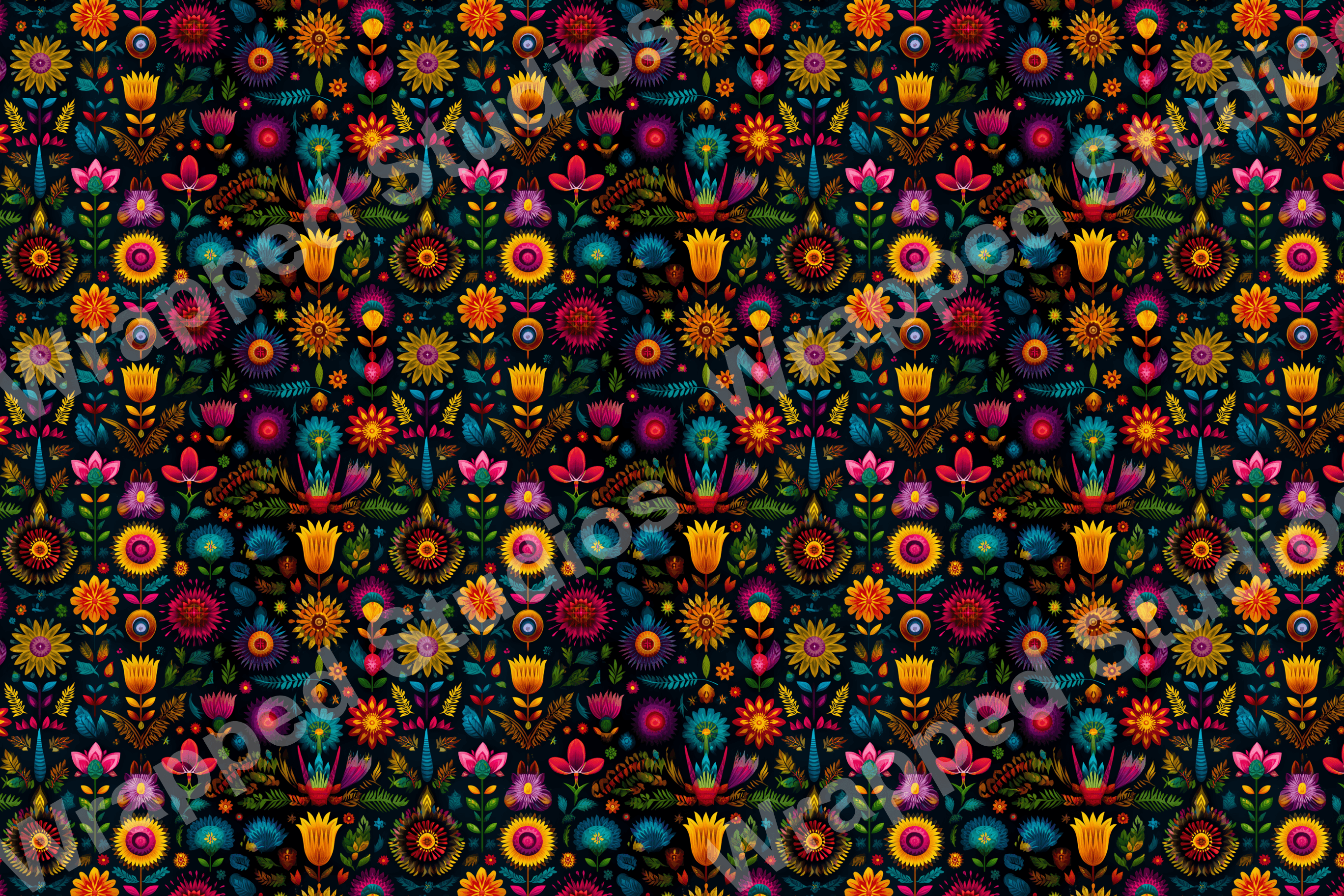 Colorful floral pattern with a dark background in a vibrant folk art style.