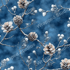 Winter botanical design with snow-covered pinecones and branches on a textured blue background.