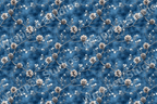 Seamless pinecone and snowy branch pattern on a dark blue textured background.