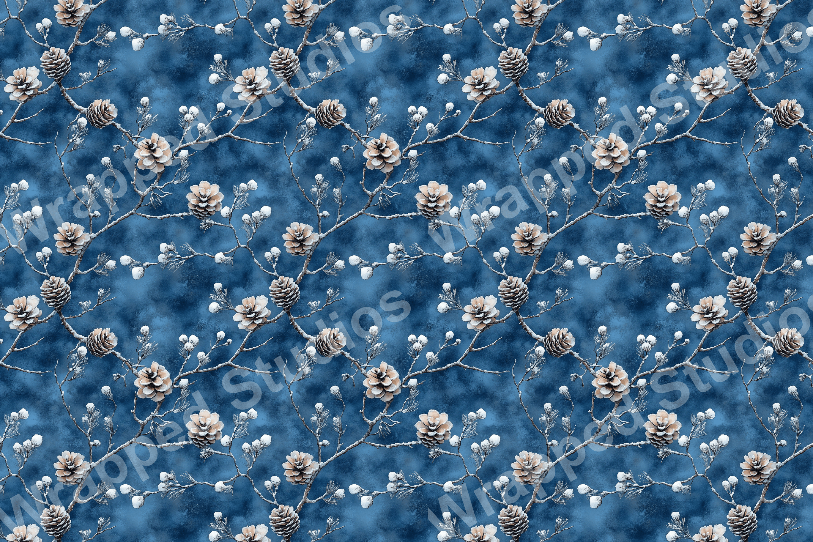 Seamless pinecone and snowy branch pattern on a dark blue textured background.