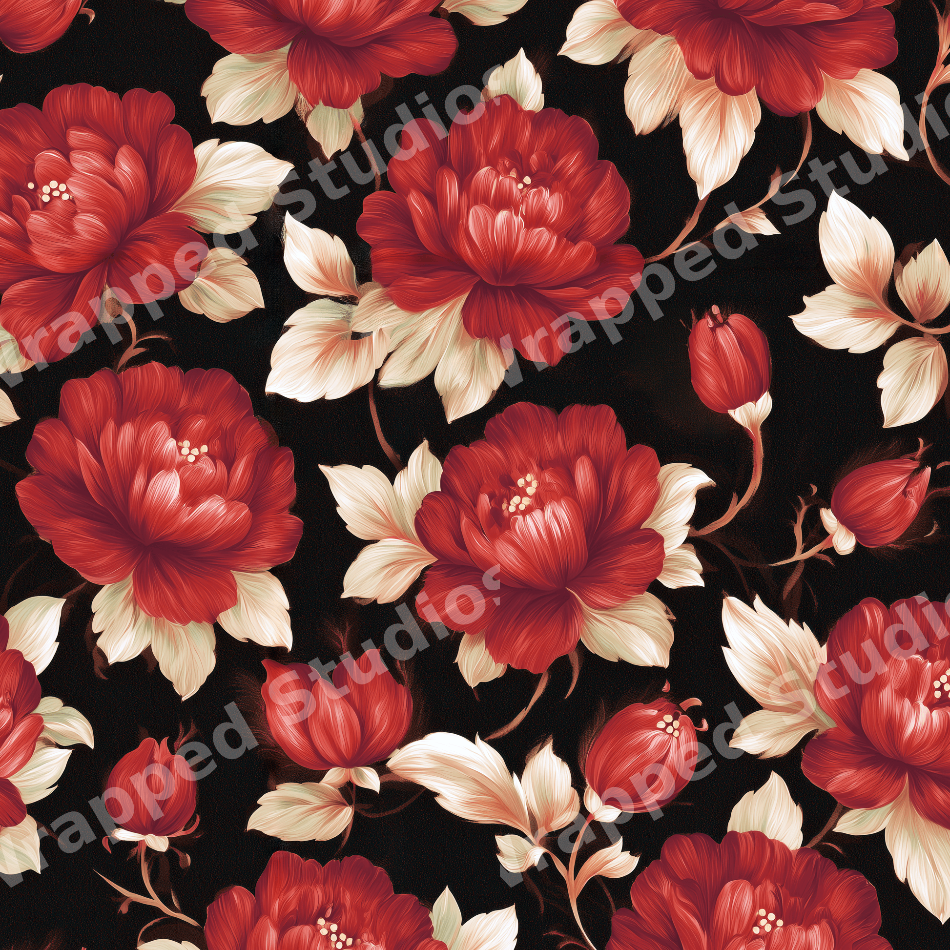 Vintage botanical floral pattern with large red peonies and cream leaves on a black background.