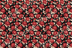 Seamless vintage floral pattern featuring red roses and cream leaves on a black background.