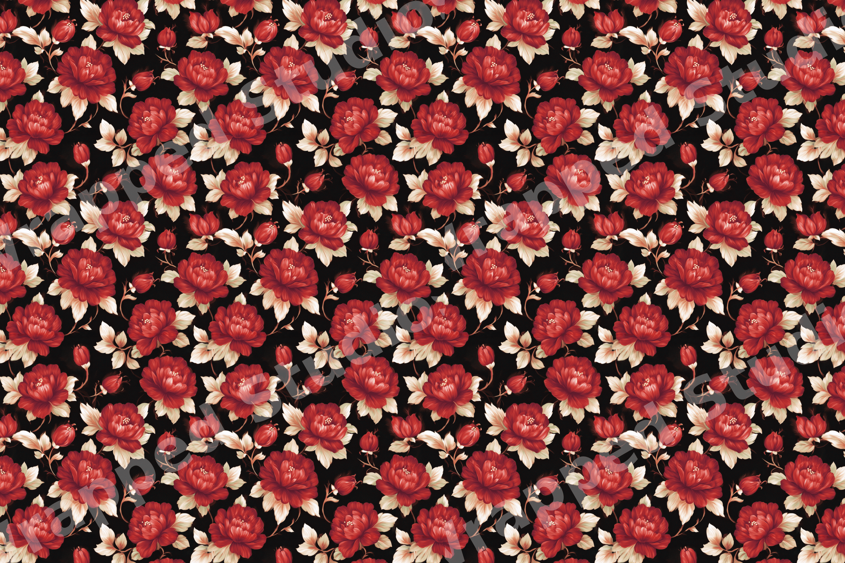 Seamless vintage floral pattern featuring red roses and cream leaves on a black background.