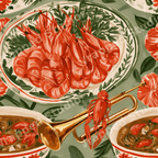 Vintage seafood pattern with red shrimp, crawfish on a golden trumpet, and green leaves on a sage background.