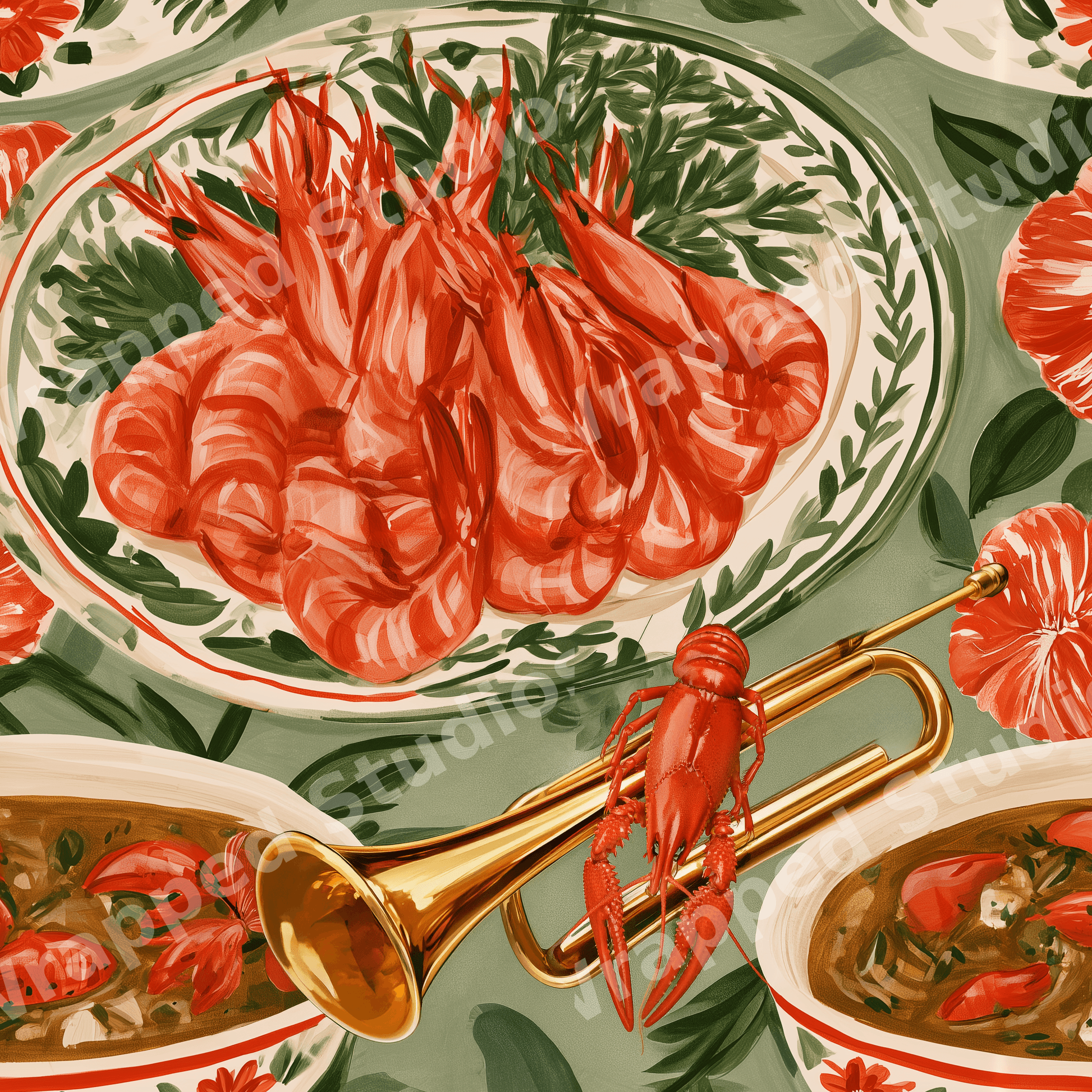 Vintage seafood pattern with red shrimp, crawfish on a golden trumpet, and green leaves on a sage background.