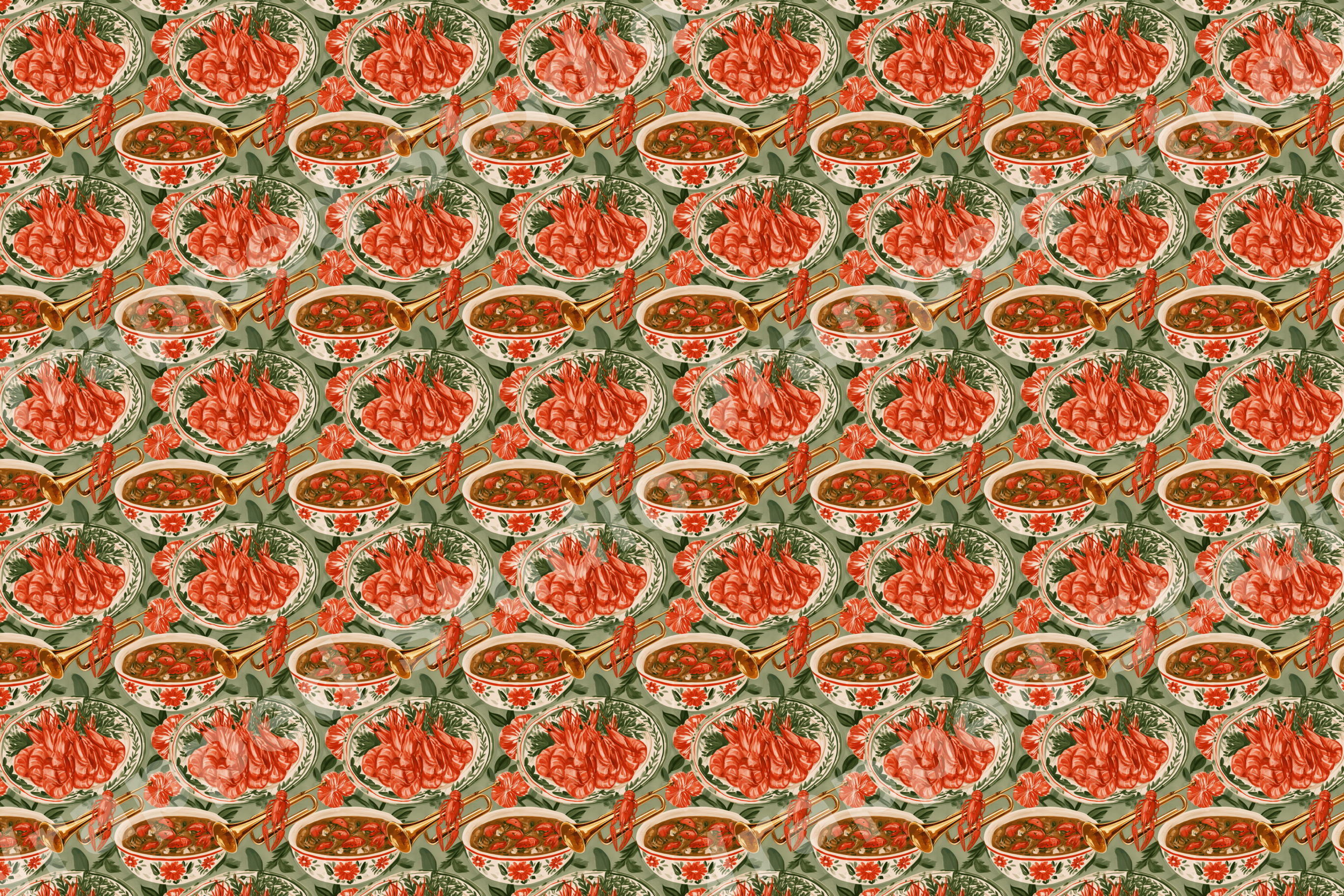 Vintage Cajun-themed pattern with red crawfish, gumbo bowls, and brass trumpets on a sage green background.