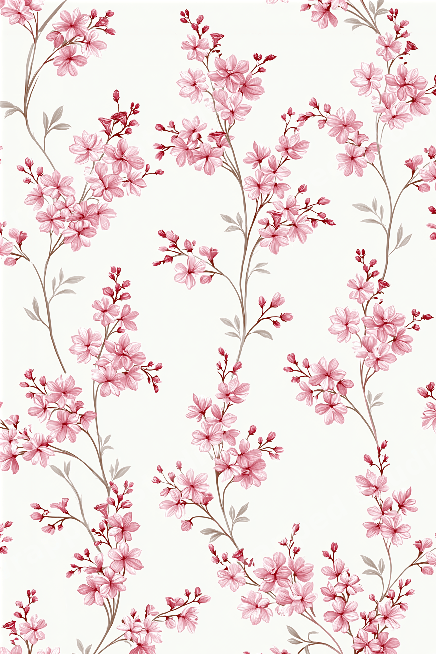 Vintage botanical floral pattern with delicate pink cherry blossom branches on an off-white background.