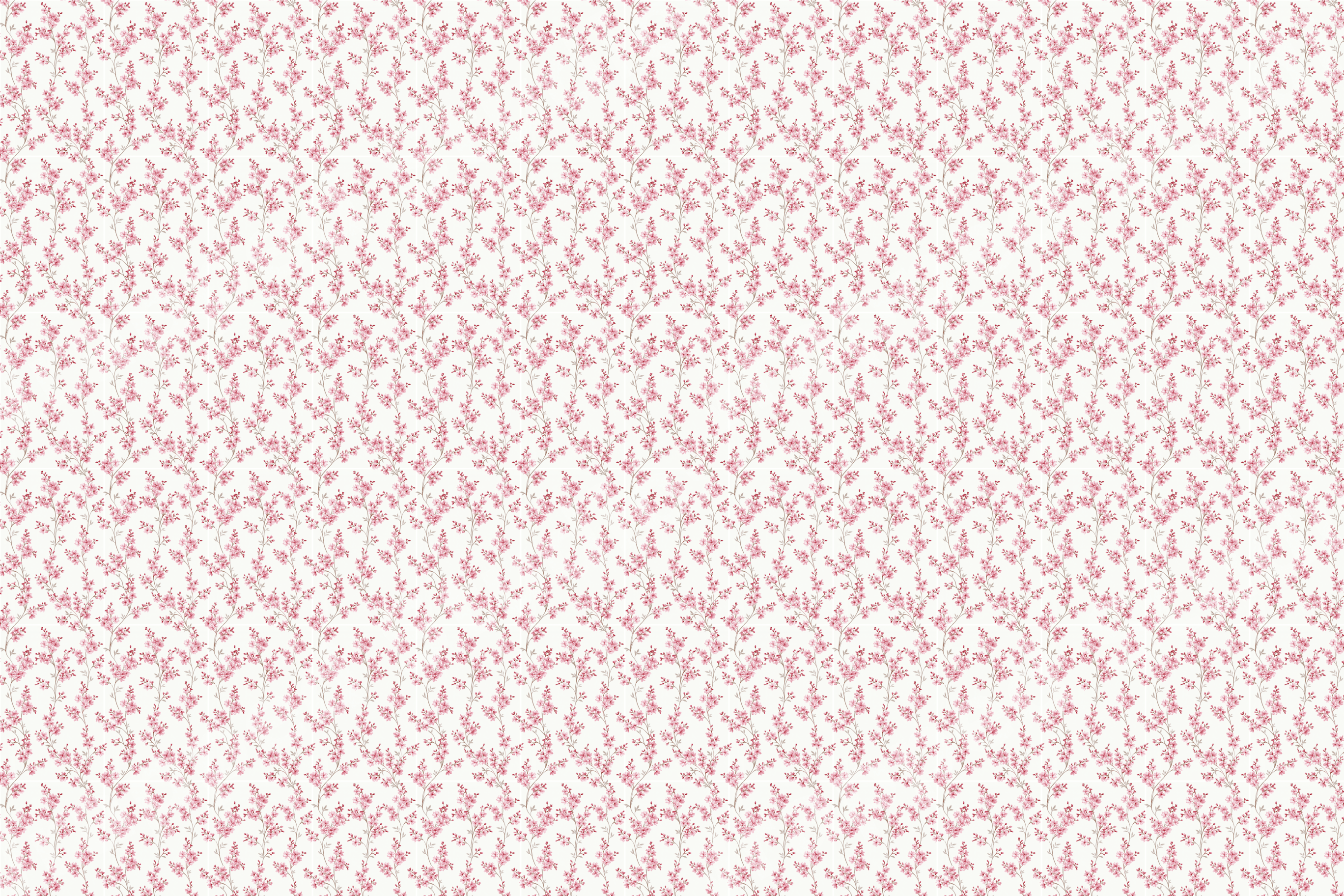 Dainty vintage floral pattern with delicate pink blossoms on an off-white background.
