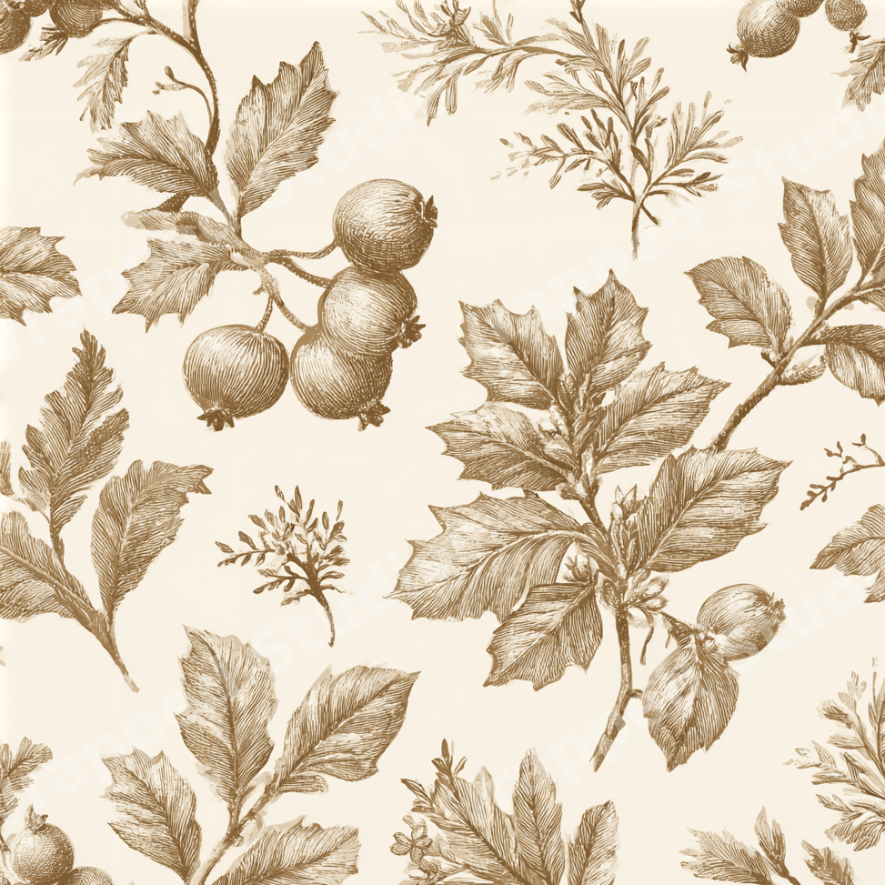 Vintage botanical pattern featuring hand-drawn sepia leaves and berries on a cream background.
