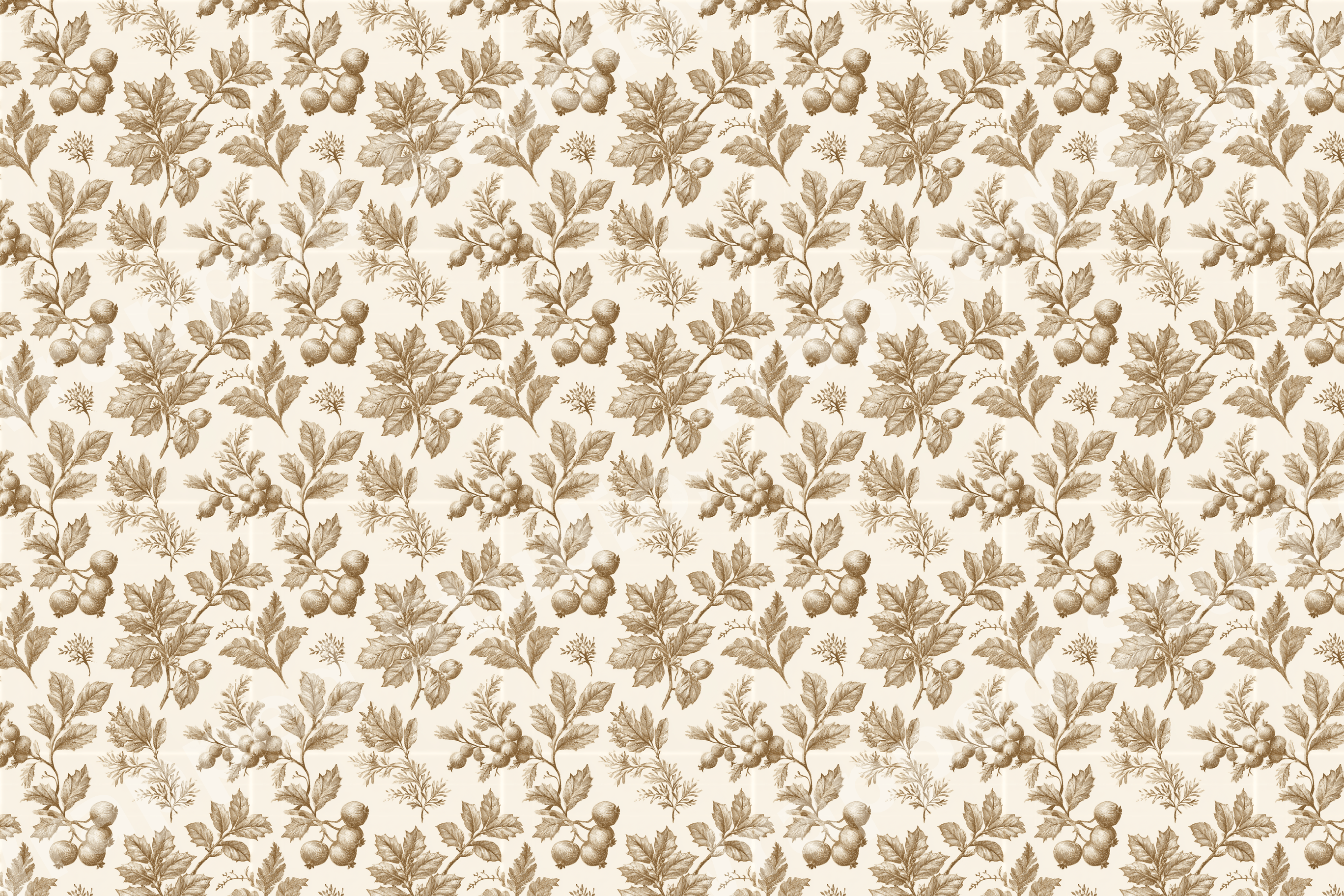 Vintage botanical pattern featuring detailed sepia berry illustrations on a cream background.