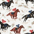 Seamless equestrian pattern featuring vintage illustrations of jockeys and racing horses on white.