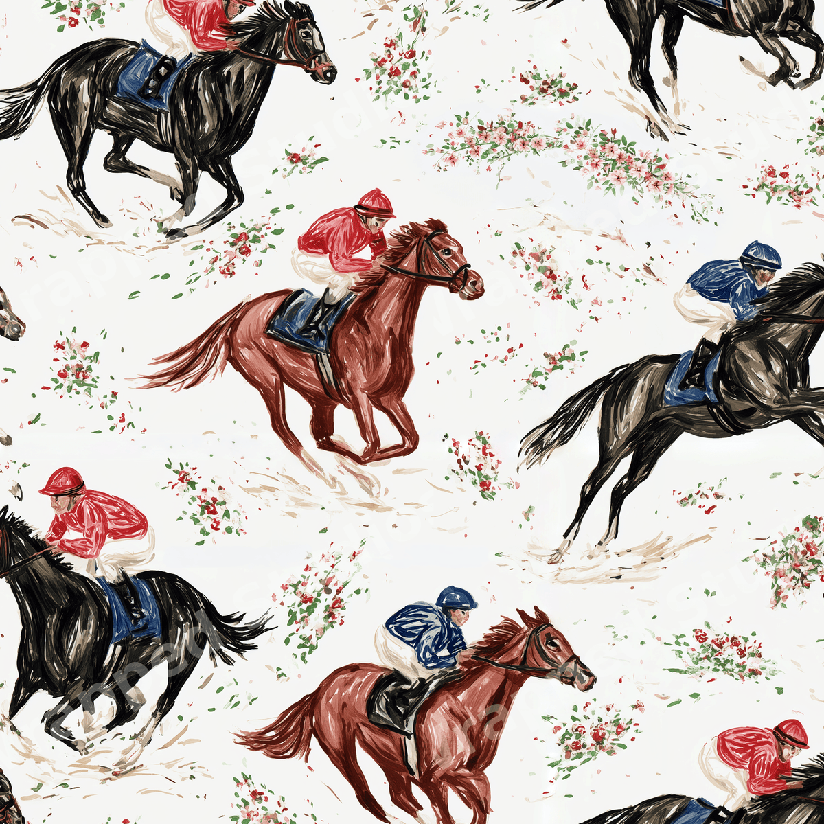 Seamless equestrian pattern featuring vintage illustrations of jockeys and racing horses on white.