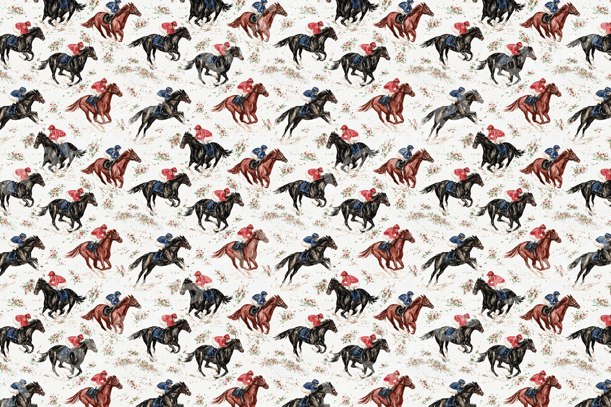 Vintage equestrian pattern featuring jockeys on galloping brown and black horses on a cream background.