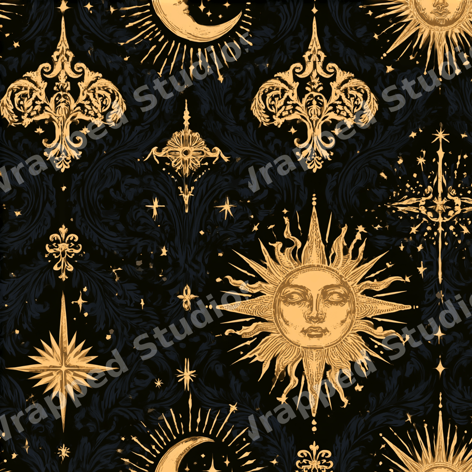 Vintage celestial pattern with gold sun, moon, and stars on a dark navy baroque damask background.