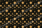 Vintage celestial pattern with gold suns and crescent moons on a black damask background.