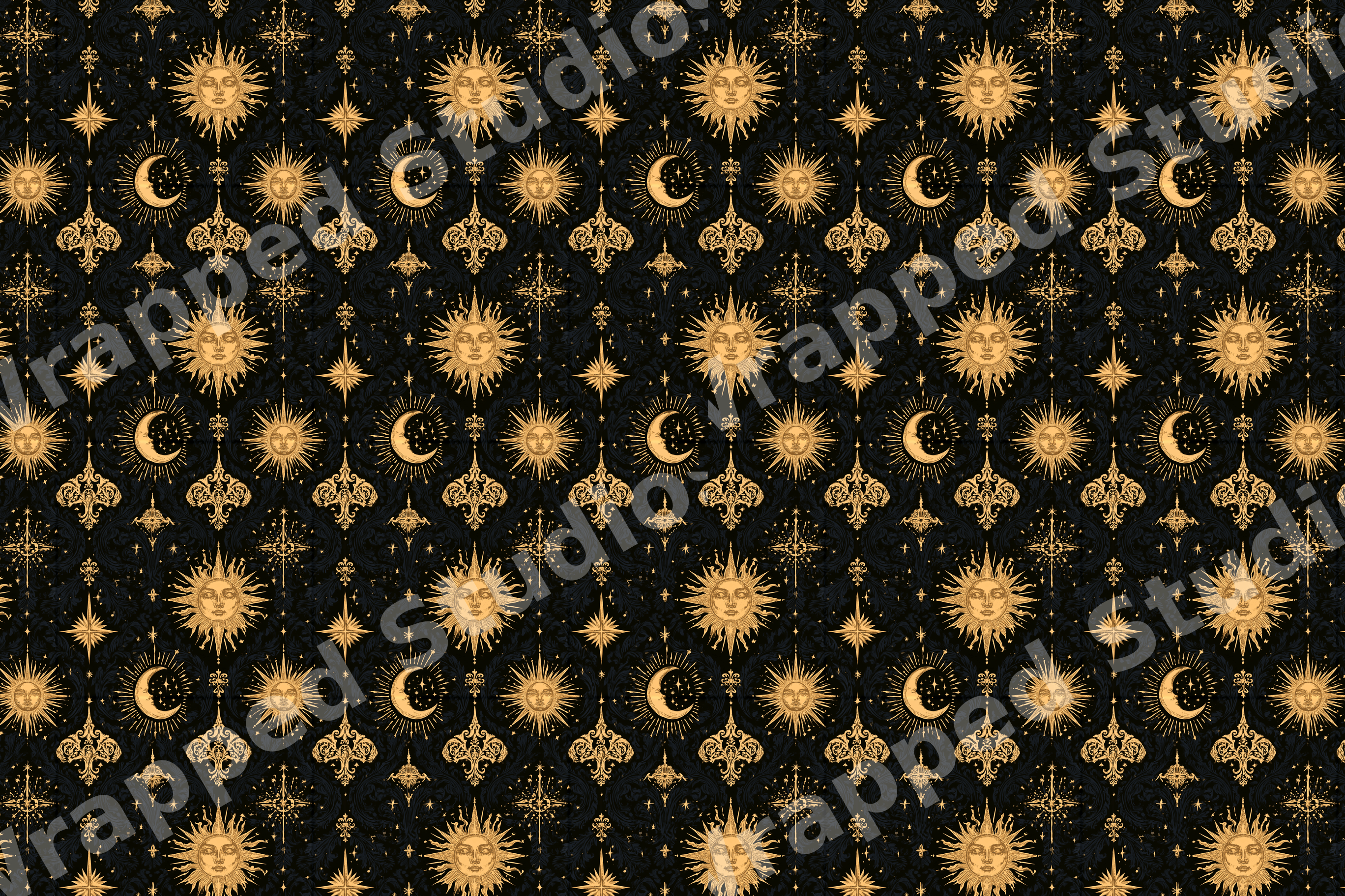 Vintage celestial pattern with gold suns and crescent moons on a black damask background.