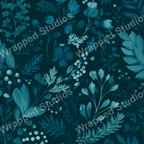 Seamless floral pattern with a deep teal color palette and a vintage botanical aesthetic.