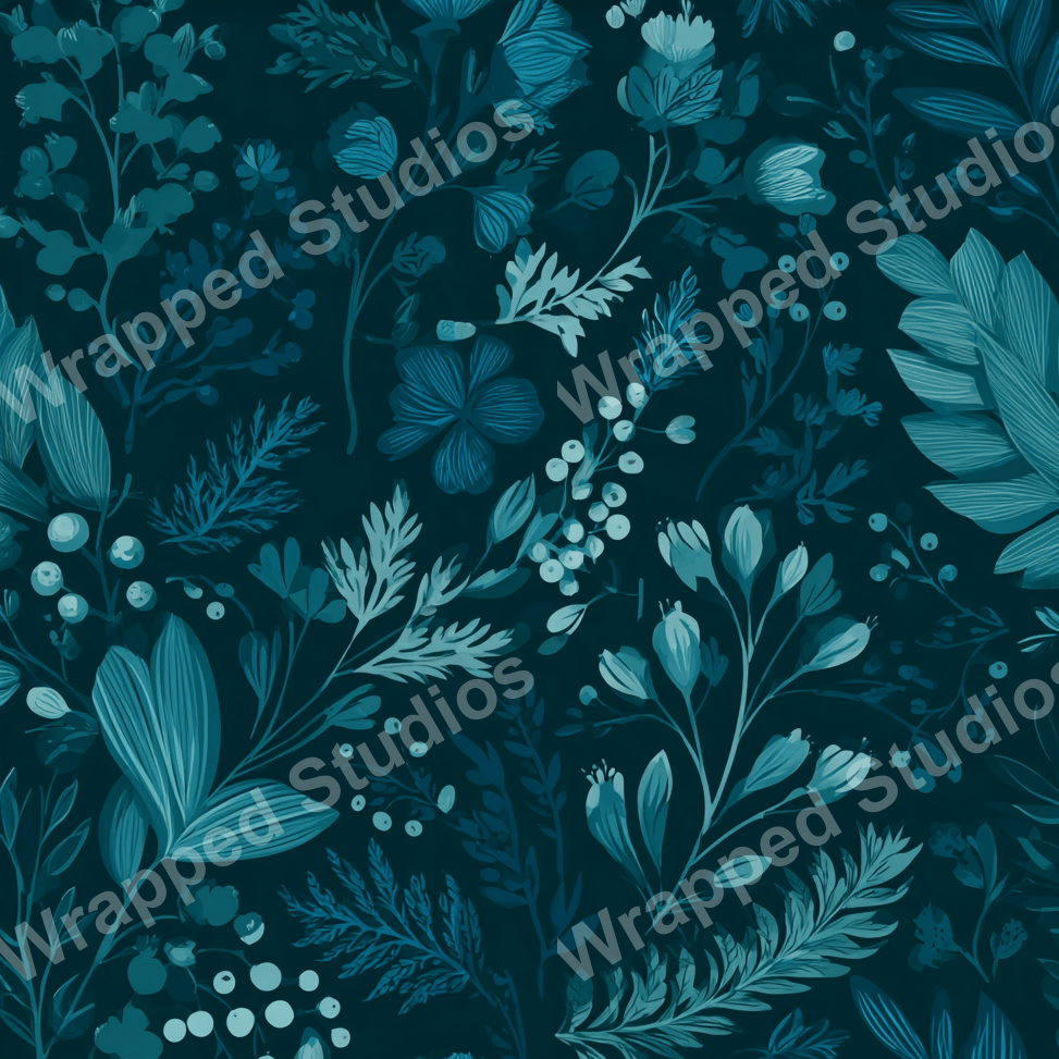 Seamless floral pattern with a deep teal color palette and a vintage botanical aesthetic.
