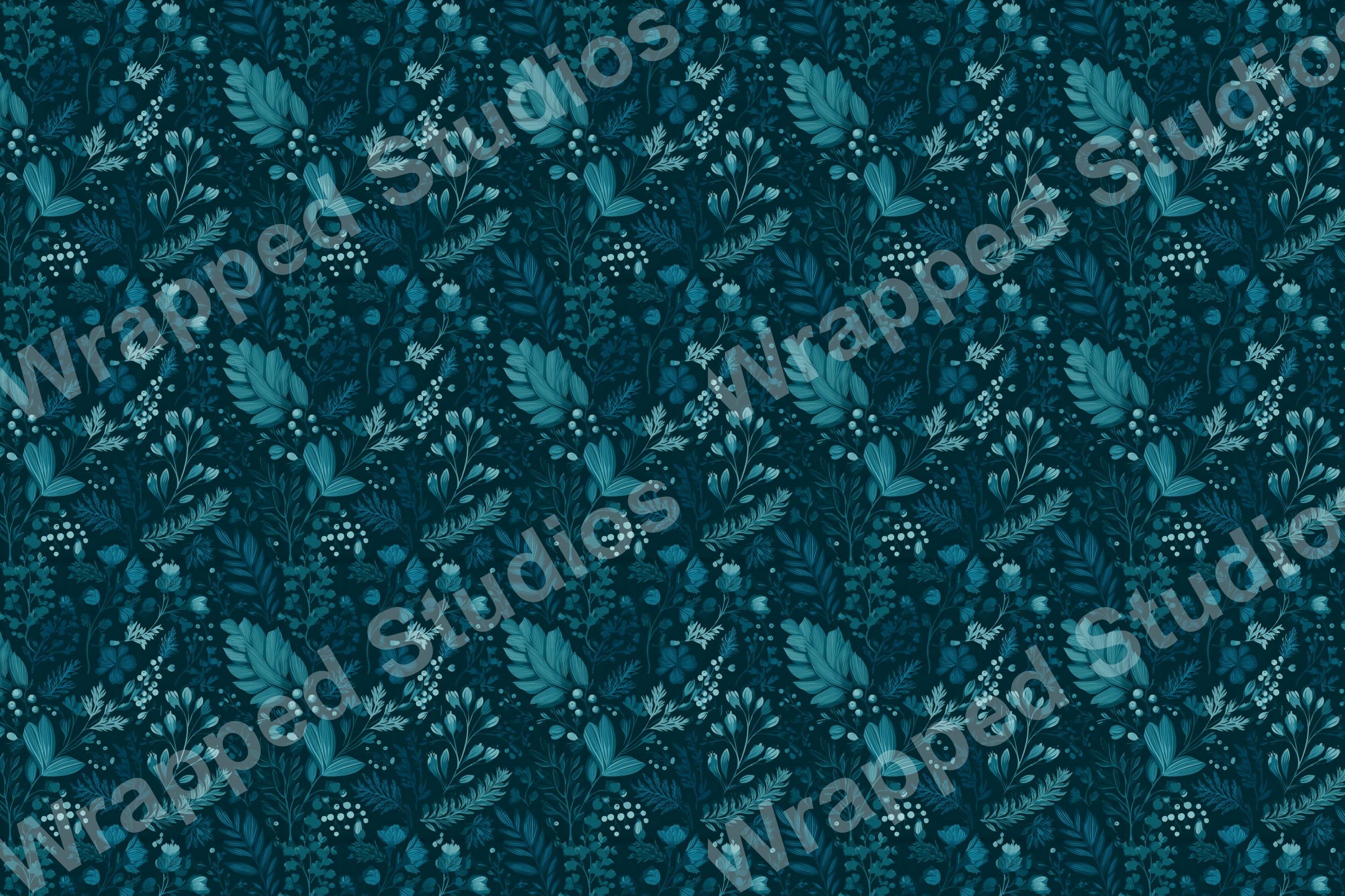 Teal floral pattern with botanical leaf and berry design.