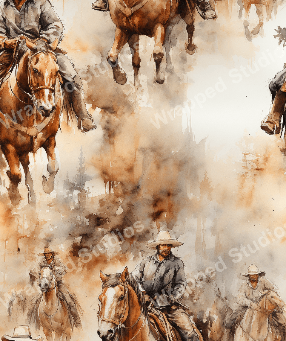 Seamless pattern of cowboys riding horses in watercolor style, in shades of brown and tan.