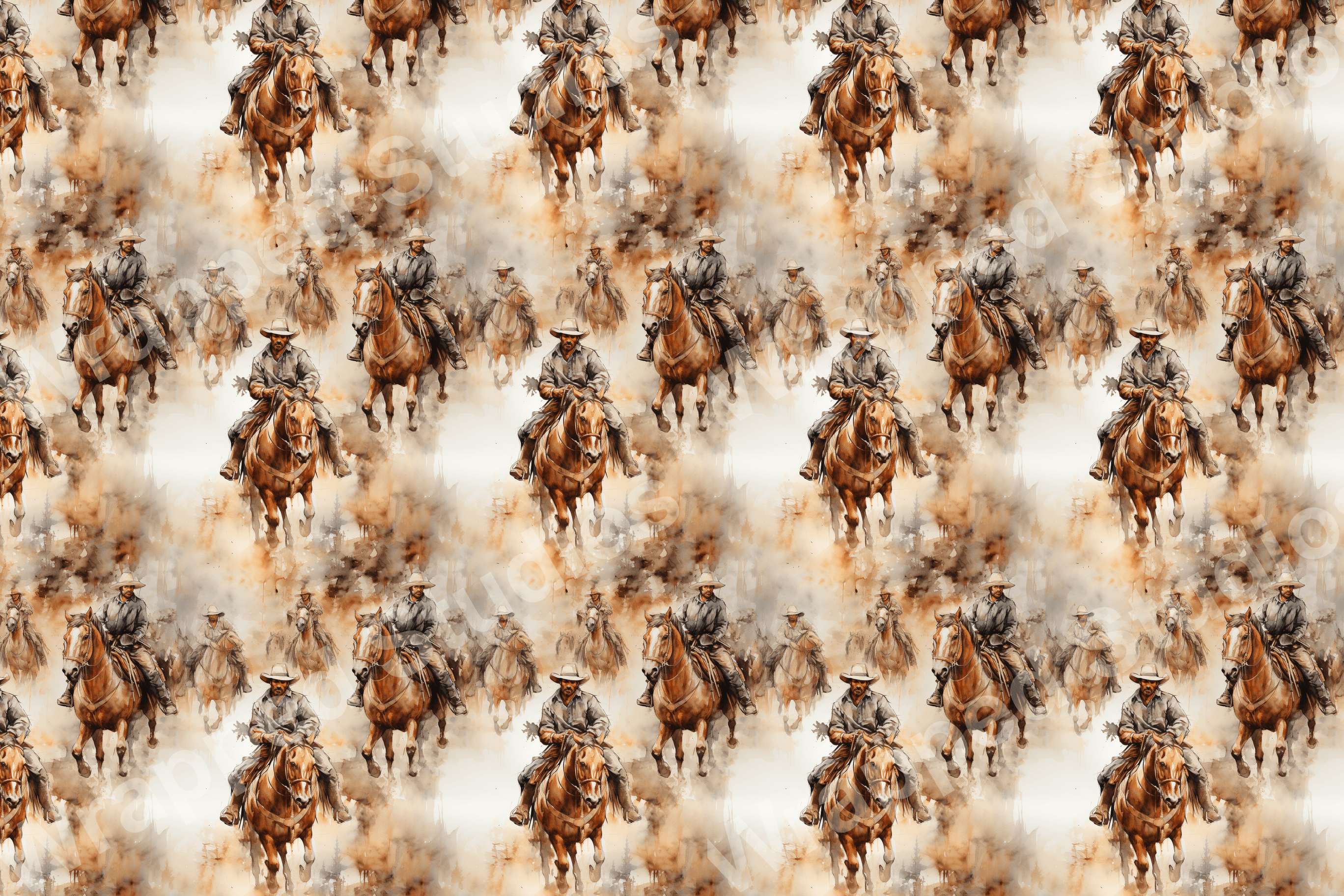 Equestrian pattern with a watercolor design of cowboys riding horses in sepia tones.