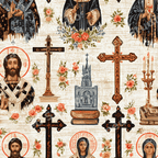 Vintage Christian seamless pattern with Orthodox icons, ornate crosses, and red roses.