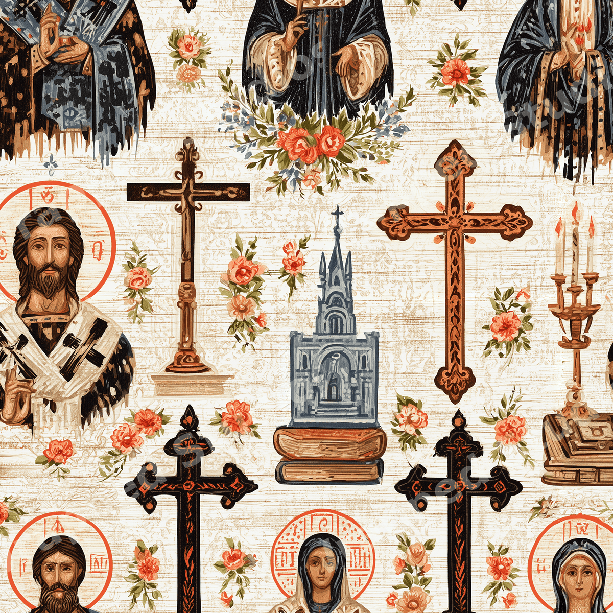 Vintage Christian seamless pattern with Orthodox icons, ornate crosses, and red roses.