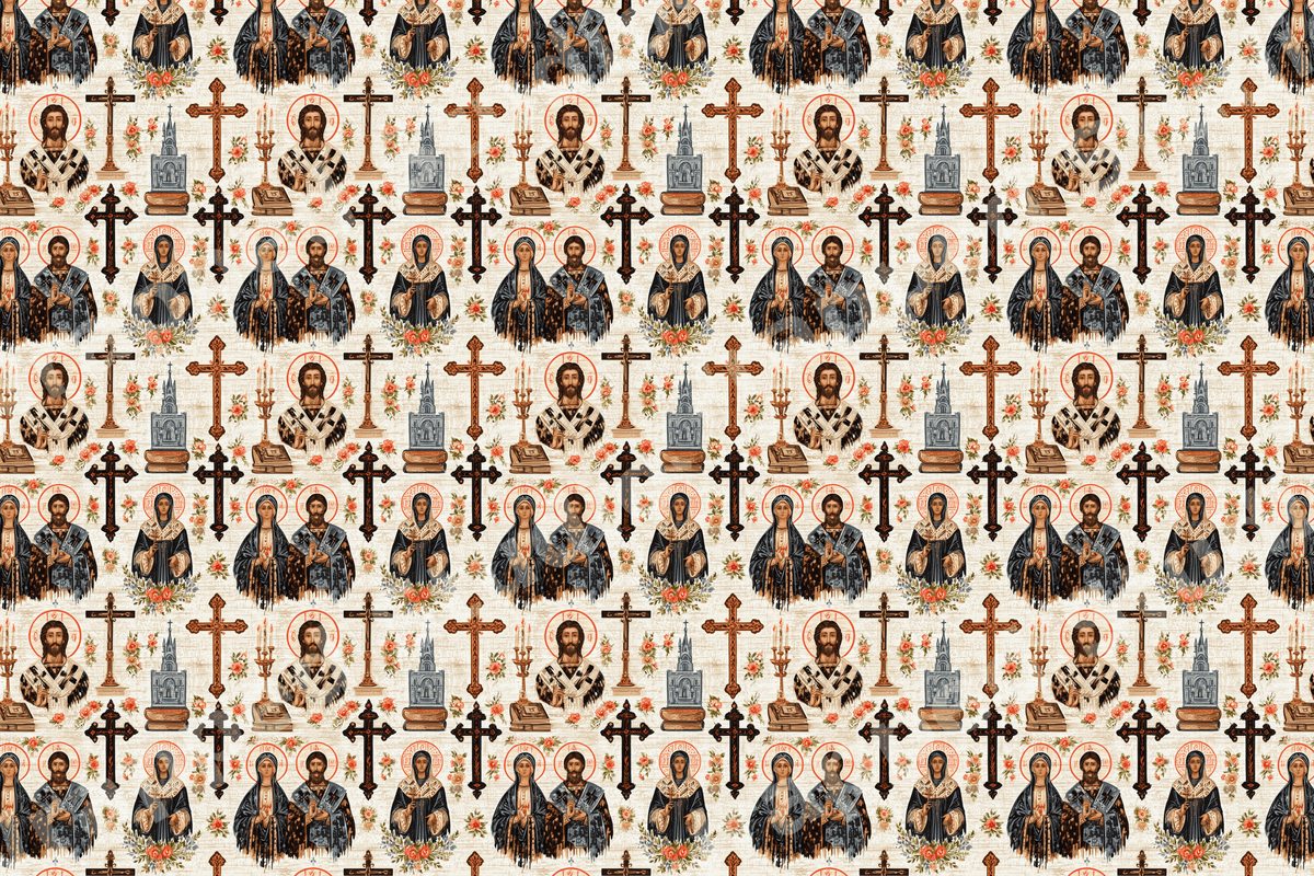 Vintage Eastern Orthodox religious pattern with saint icons, crosses, and churches on a cream background.