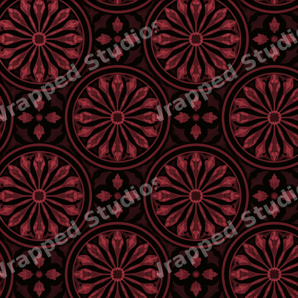 Ornate gothic rose window pattern in deep burgundy and black with a vintage cathedral design.