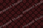 Gothic geometric pattern with ornate burgundy rose window medallions on black.