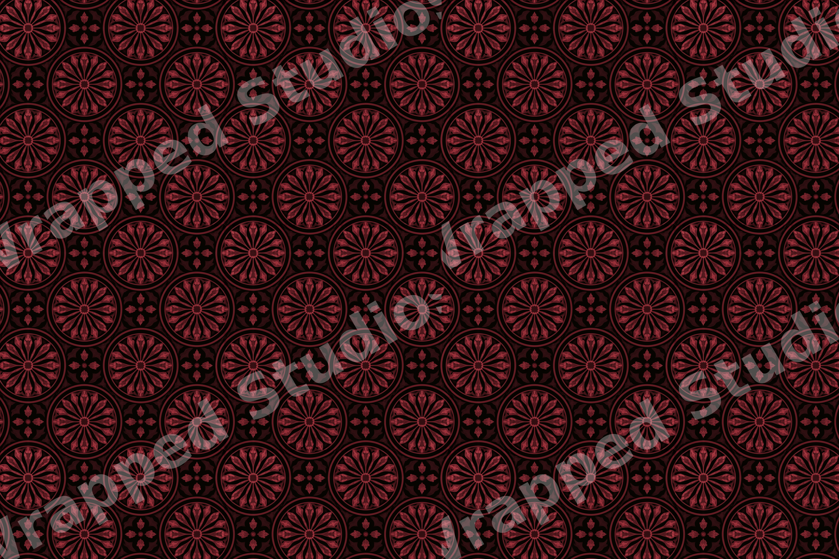 Gothic geometric pattern with ornate burgundy rose window medallions on black.