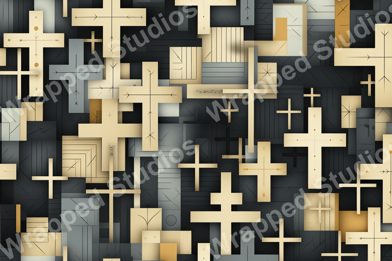 Modern geometric pattern with crosses and rectangles in shades of gray, beige, and black.