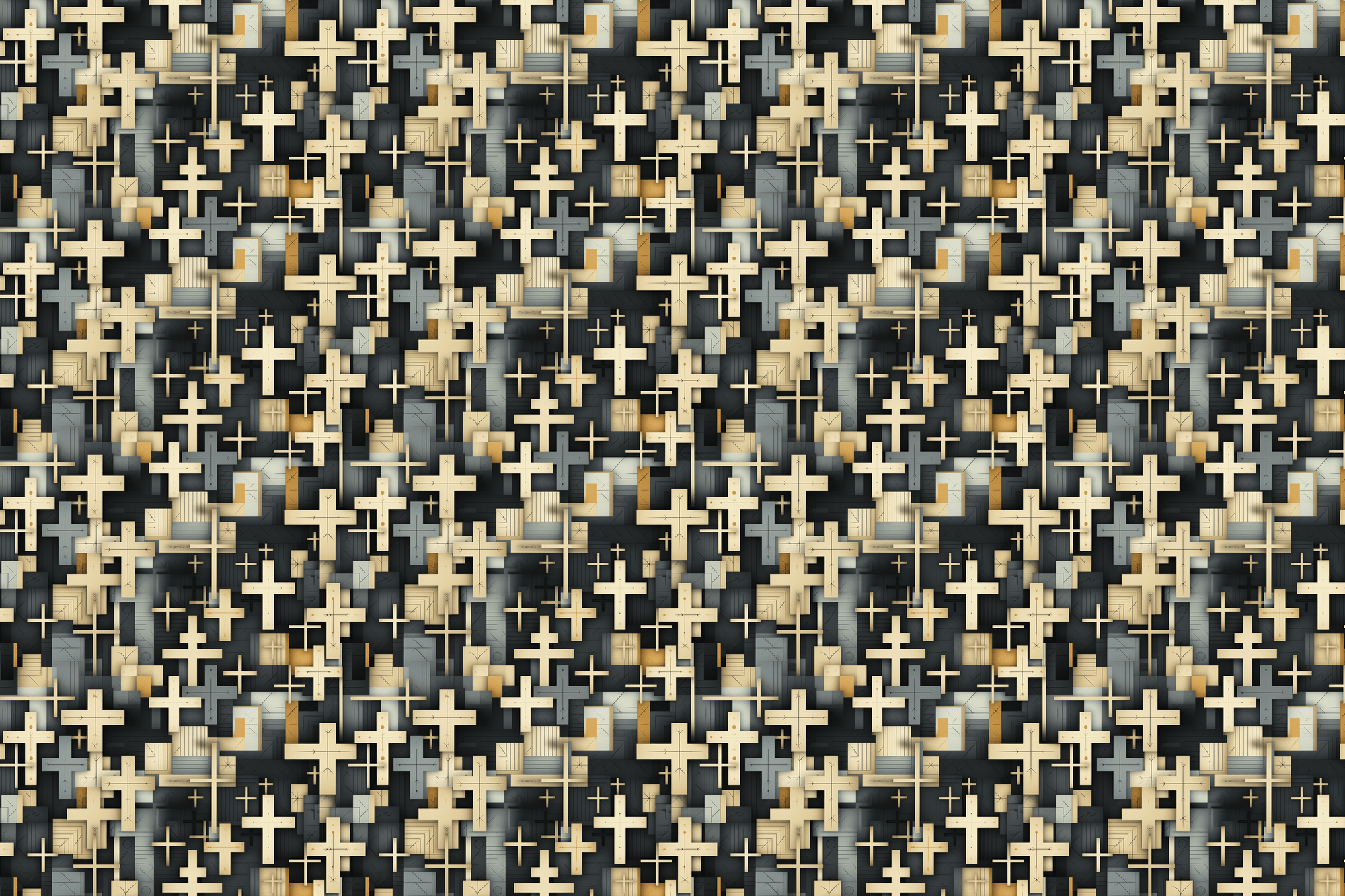 Patterned paper with a geometric religious cross design in black, white, and beige. Wrapped Studios luxury wrapping paper.