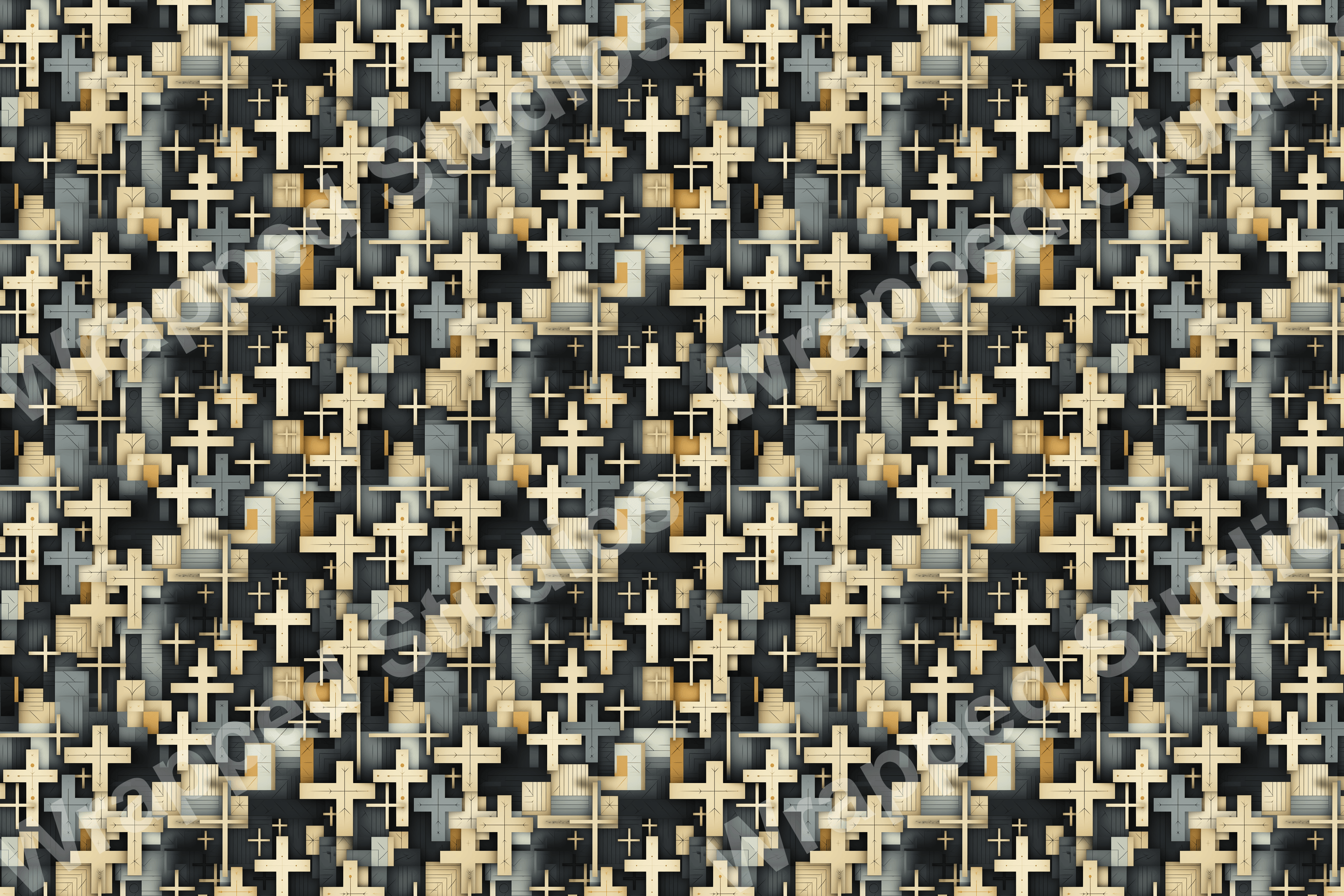 Modern geometric pattern of crosses in shades of beige, gray, and black.