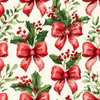 Vintage watercolor Christmas pattern of red bows, green holly leaves, and berries on a cream background.
