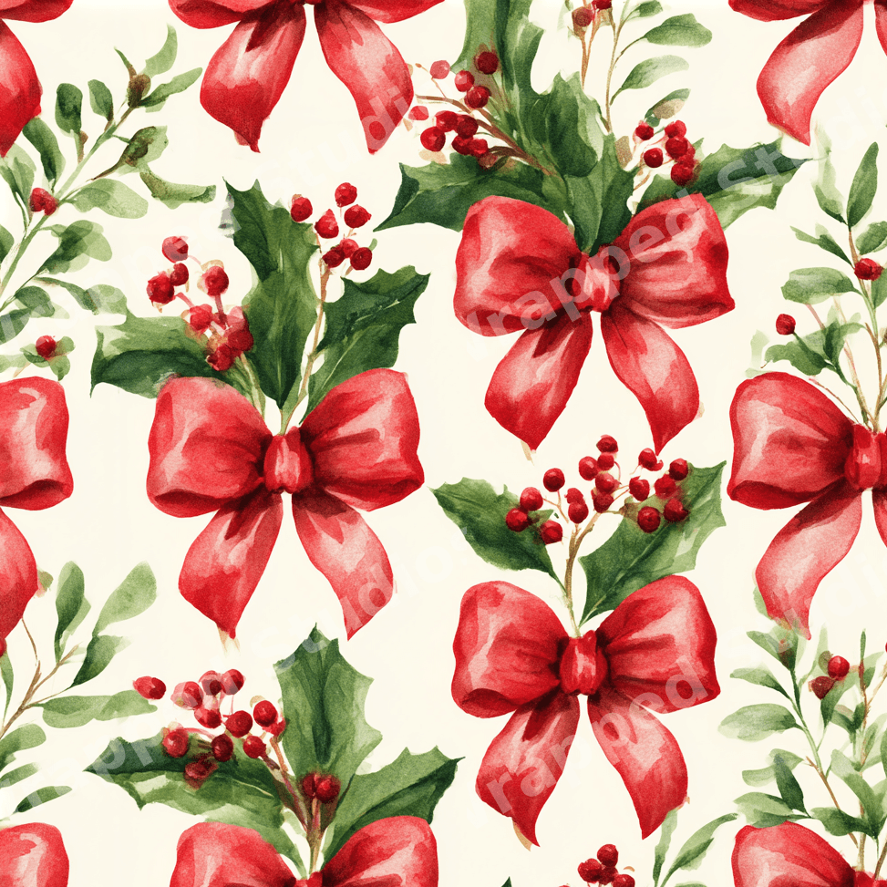 Vintage watercolor Christmas pattern of red bows, green holly leaves, and berries on a cream background.