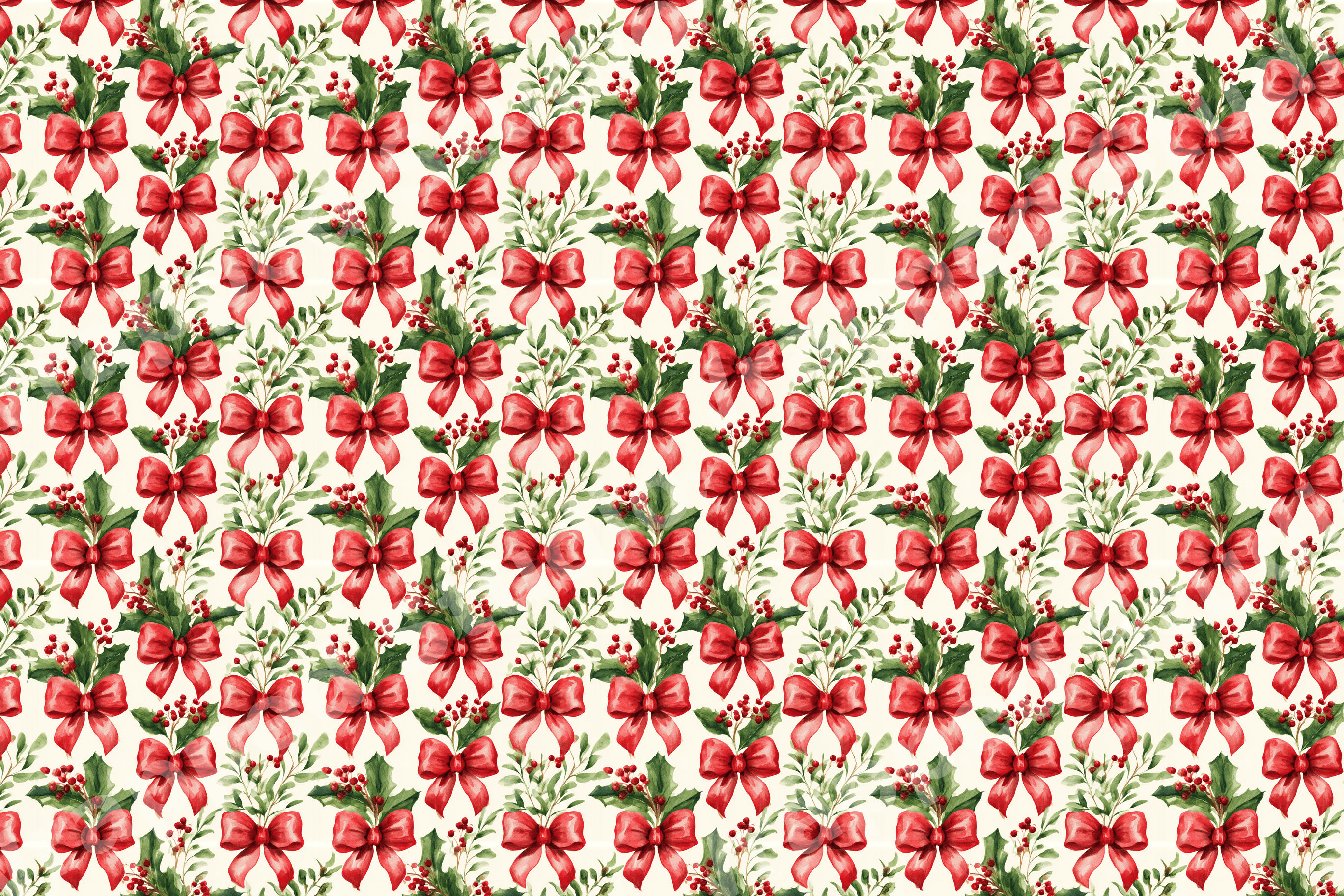 Vintage watercolor Christmas pattern featuring festive red bows, green holly leaves, and berries on cream.