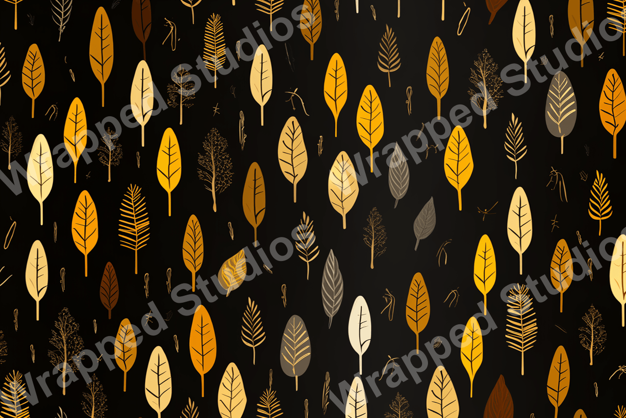 Seamless leaf pattern with gold, brown, and white foliage elements on a black background.