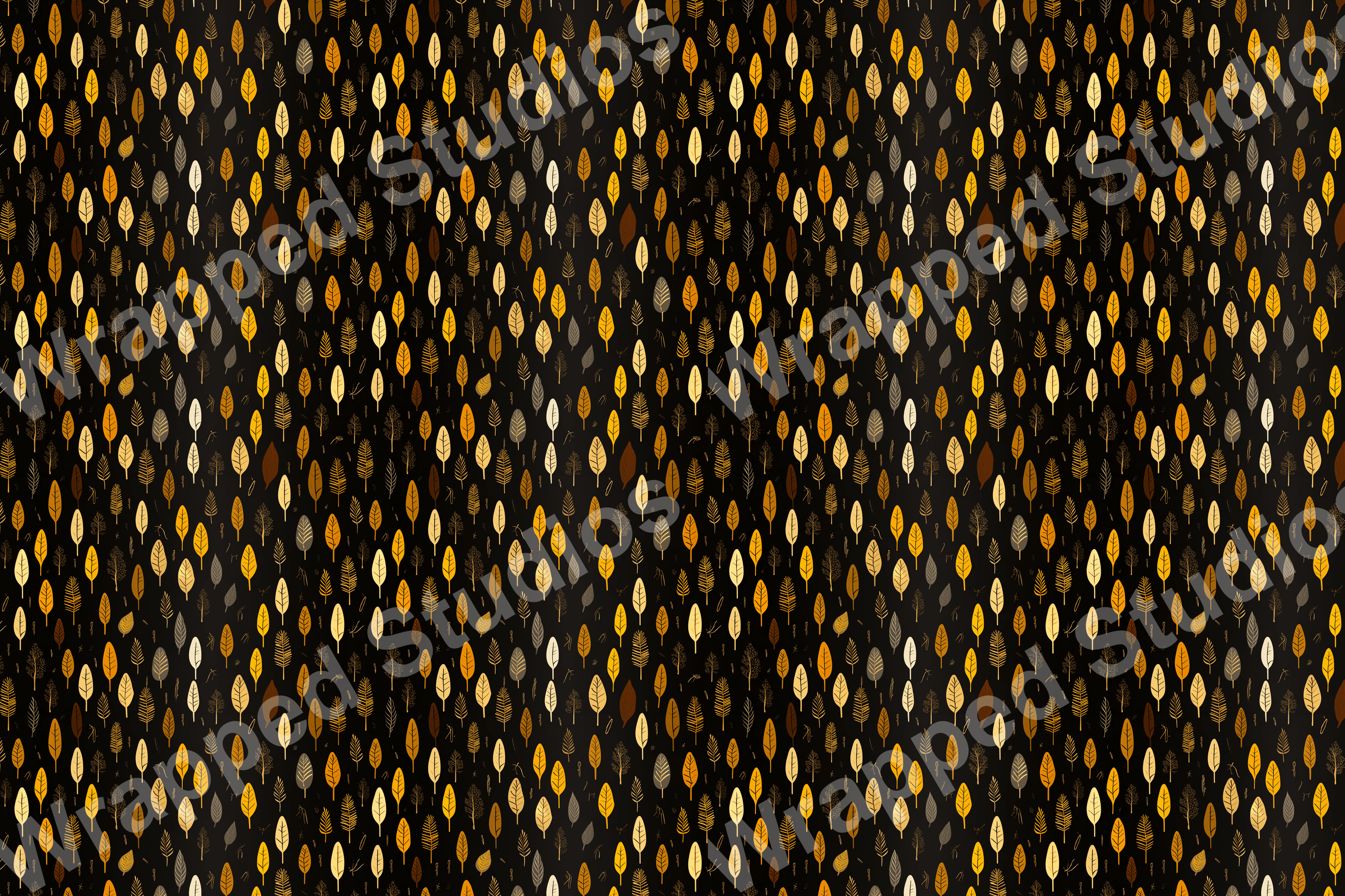 Seamless botanical pattern with golden foliage and small trees on a black background.