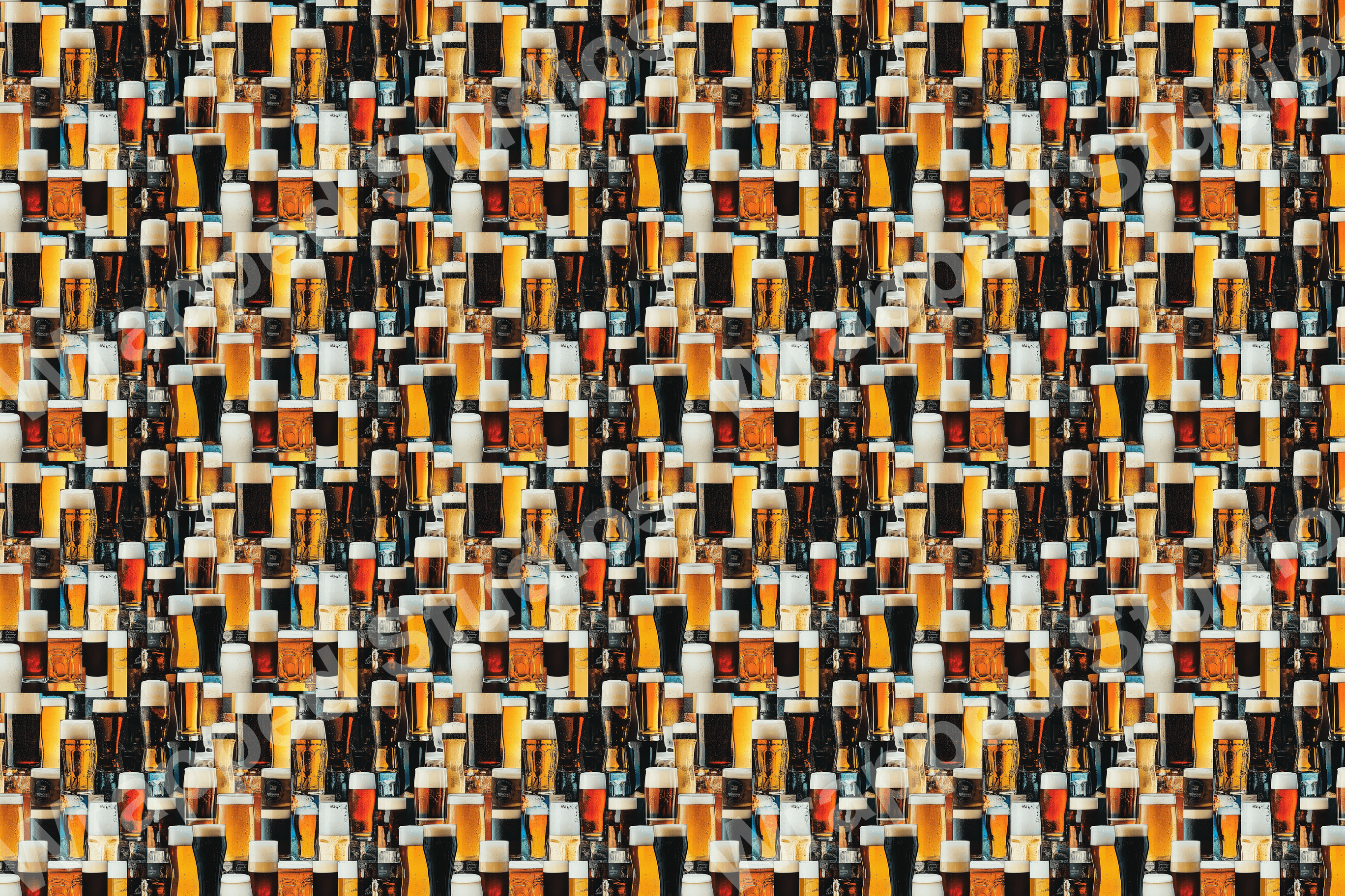 All-over beer pattern with mugs and glasses of various lagers, ales, and stouts in amber, gold, and dark brown tones.
