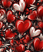 Elegant seamless heart pattern with glossy red and white hearts and romantic botanical leaves on a black background.