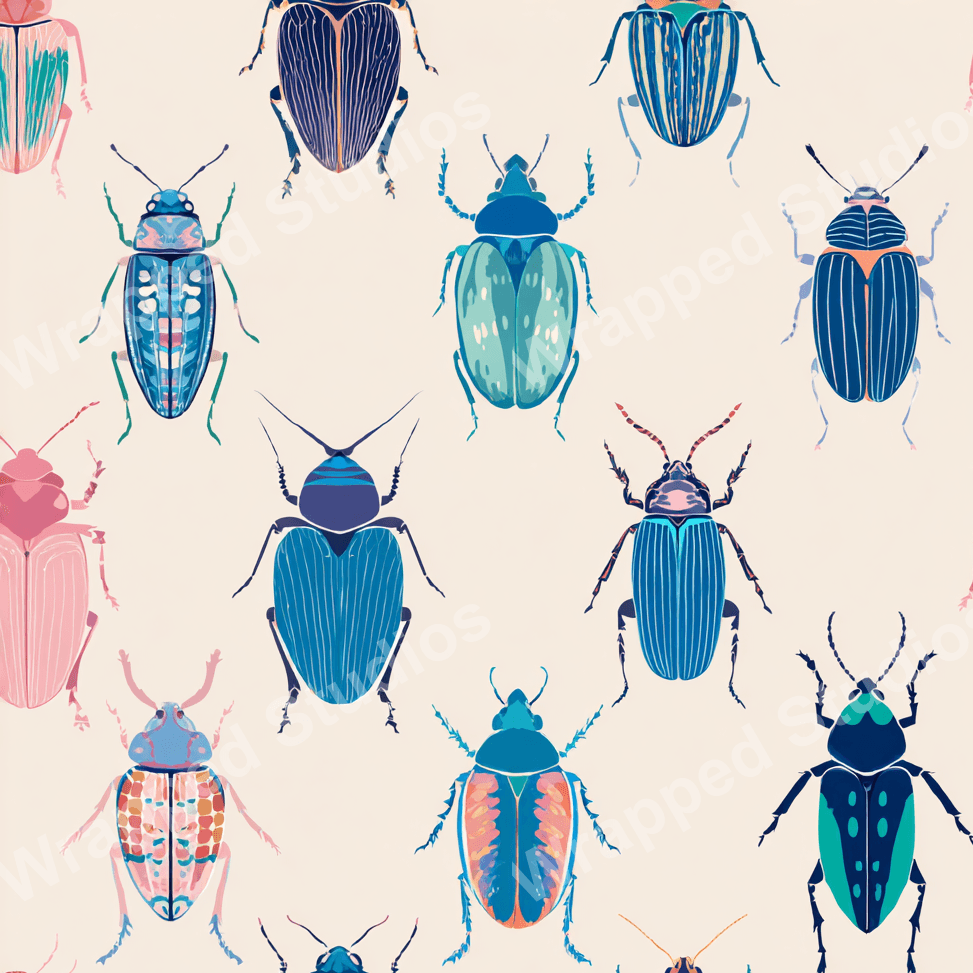 Seamless pattern of colorful stylized beetles in shades of blue, pink, and teal on a cream background.