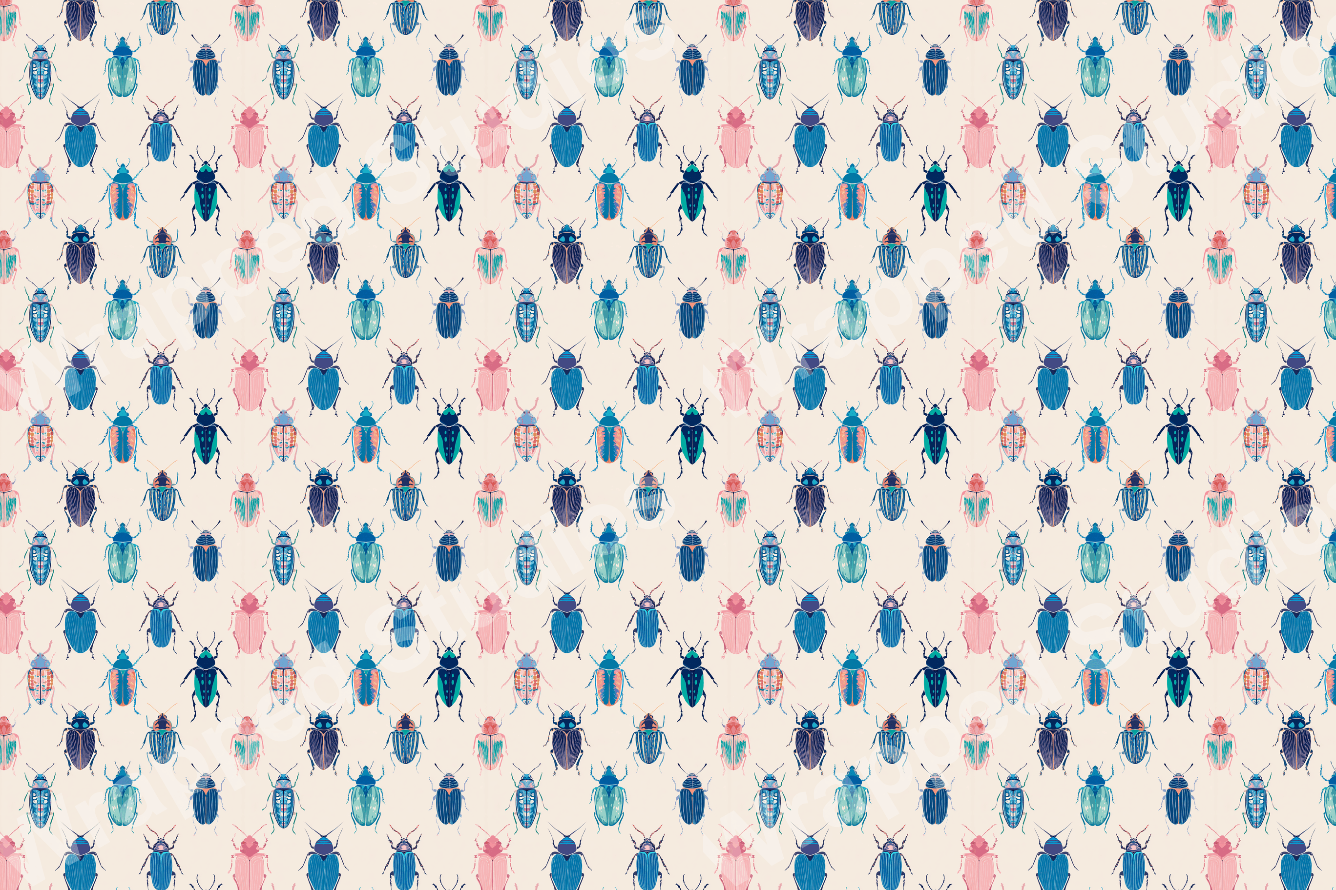 Seamless beetle pattern with blue, pink, and turquoise insects on a pale background.