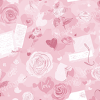Romantic pink floral pattern with rose blooms, hearts, and love letters in a watercolor style.