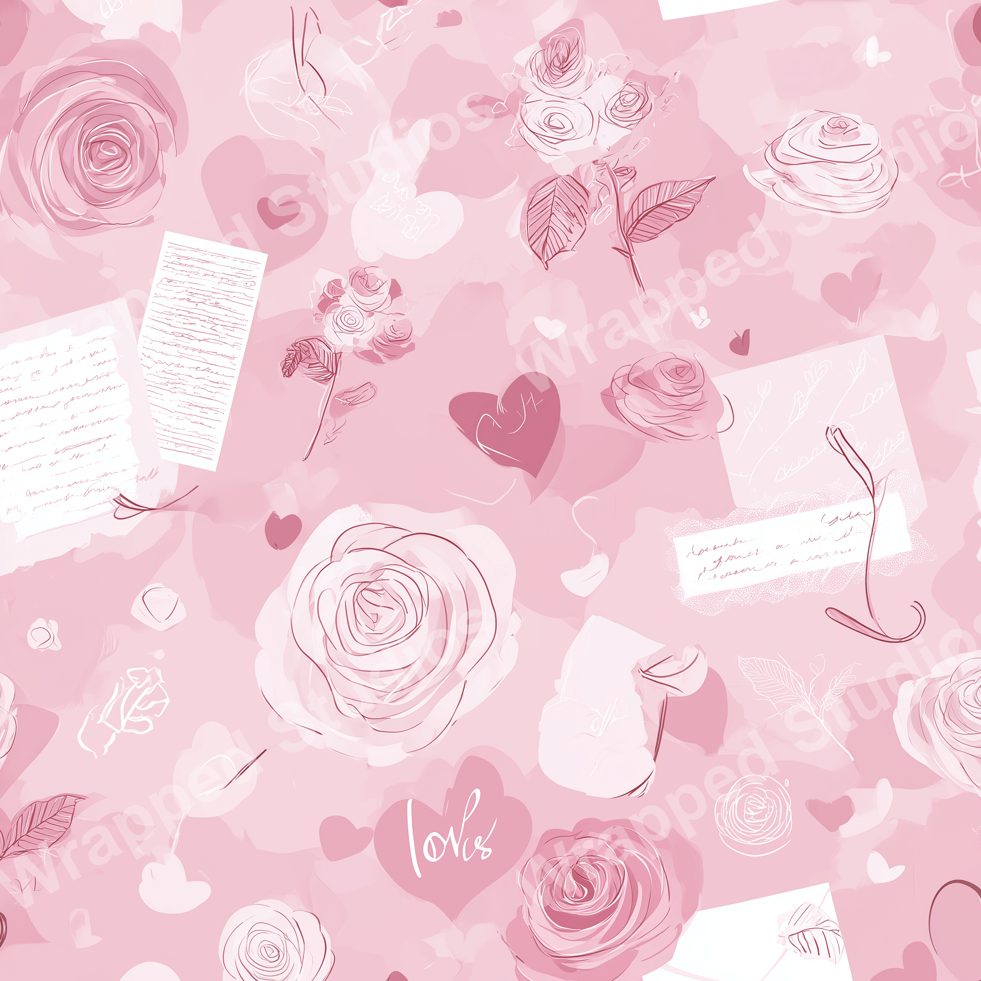 Romantic pink floral pattern with rose blooms, hearts, and love letters in a watercolor style.