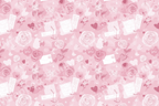 Romantic seamless pattern with pink and white roses, hearts, and love letters on a soft pink background.