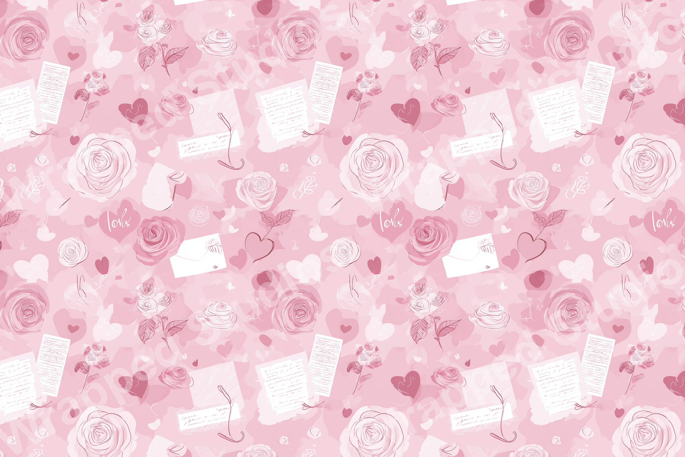 Romantic seamless pattern with pink and white roses, hearts, and love letters on a soft pink background.