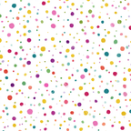 Playful confetti polka dot pattern with bright pink, yellow, green, and blue dots on a white background.