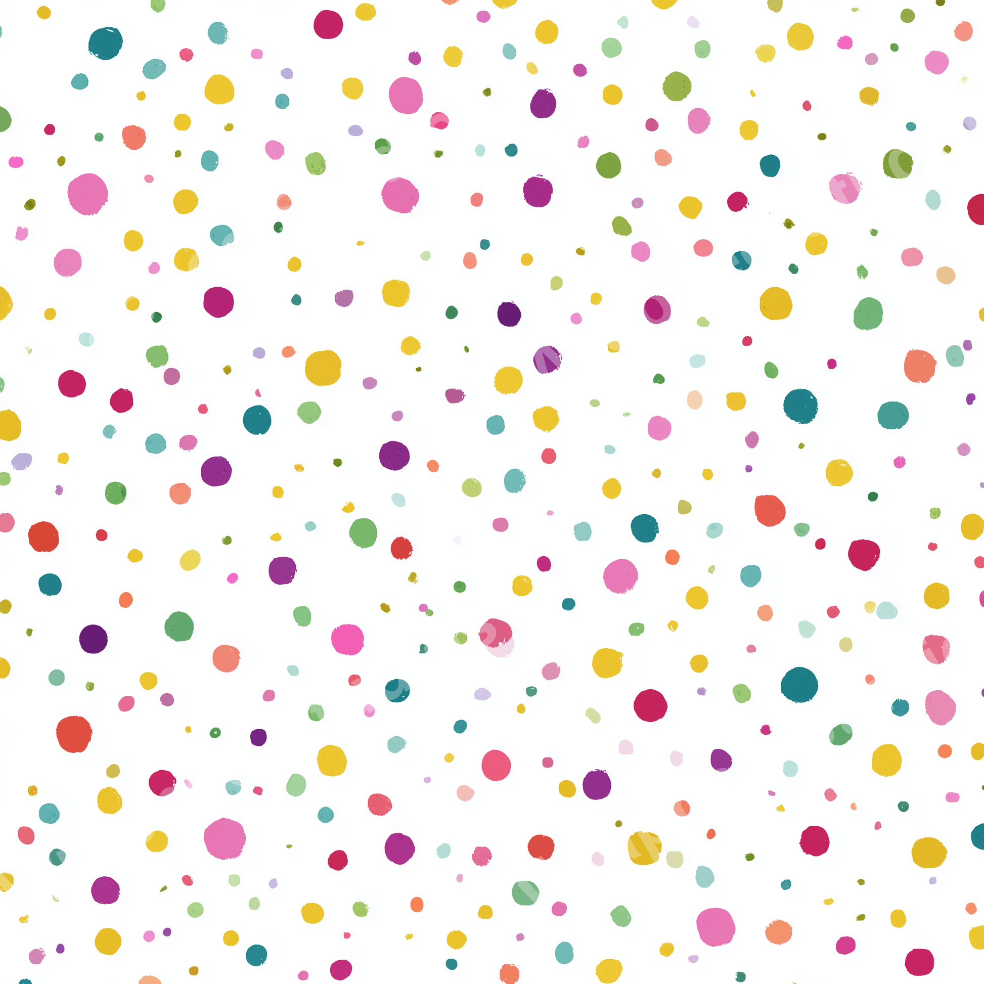 Playful confetti polka dot pattern with bright pink, yellow, green, and blue dots on a white background.